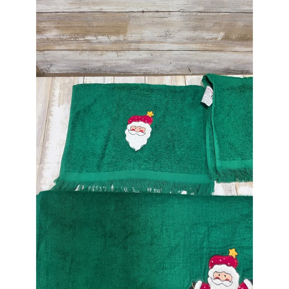 Cannon Christmas Santa Claus‎ Green Hand Towel Set 3 Piece Embroidered Fringed